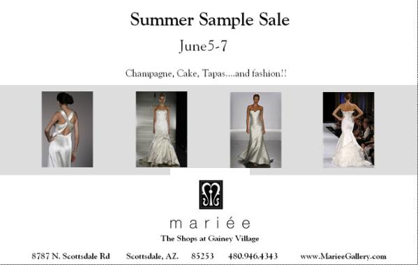 Mariée is teaming up with local wedding vendors to give a sampling of local wedding service will brides peruse wedding gowns.  Every gown in the shop will be on sample sale to make room for our new stock.
